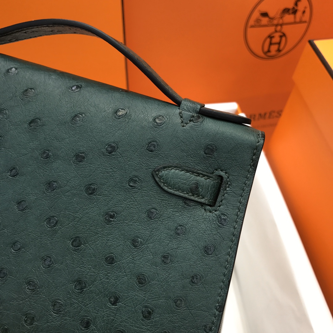 Hermes Mini Kelly Pochette 22cm Bag In Deep Green Ostrich Leather